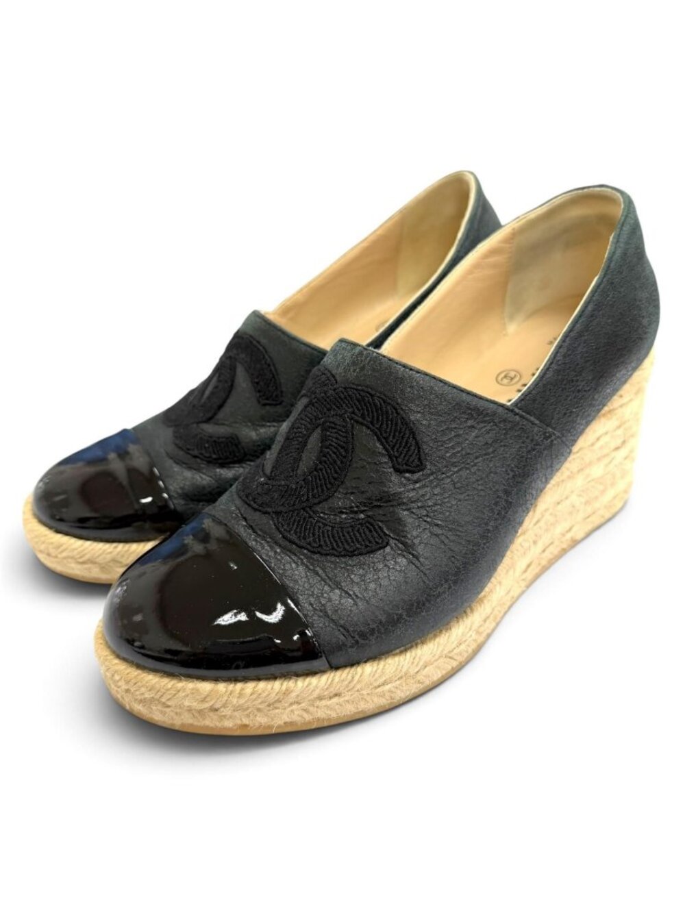 Chanel Leather CC Logo Crack Espadrille Wedge Sole Sandals Black